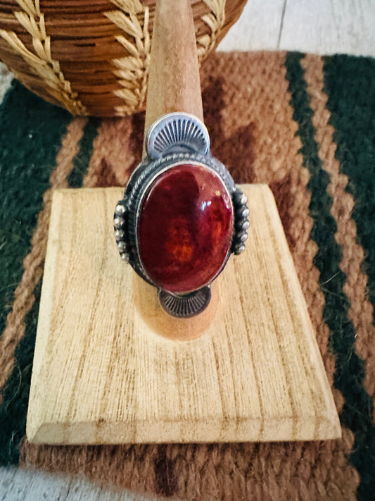 Handcrafted Orange Spiny & Sterling Silver Ring Size 7
