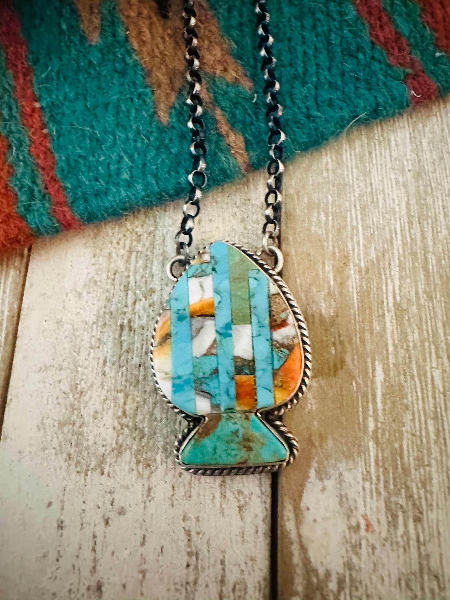 Handcrafted Sterling Silver & Multi Stone Inlay Spade Necklace