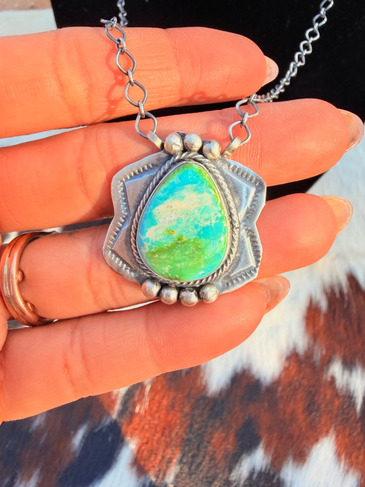 Handcrafted Sonoran Mountain Turquoise & Sterling Silver Necklace by Cordell Platero