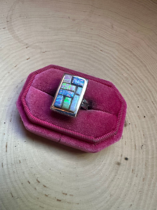 Handmade Multi Stone & Sterling Silver Rectangle Ring Size 6.5 Signed Nizhoni