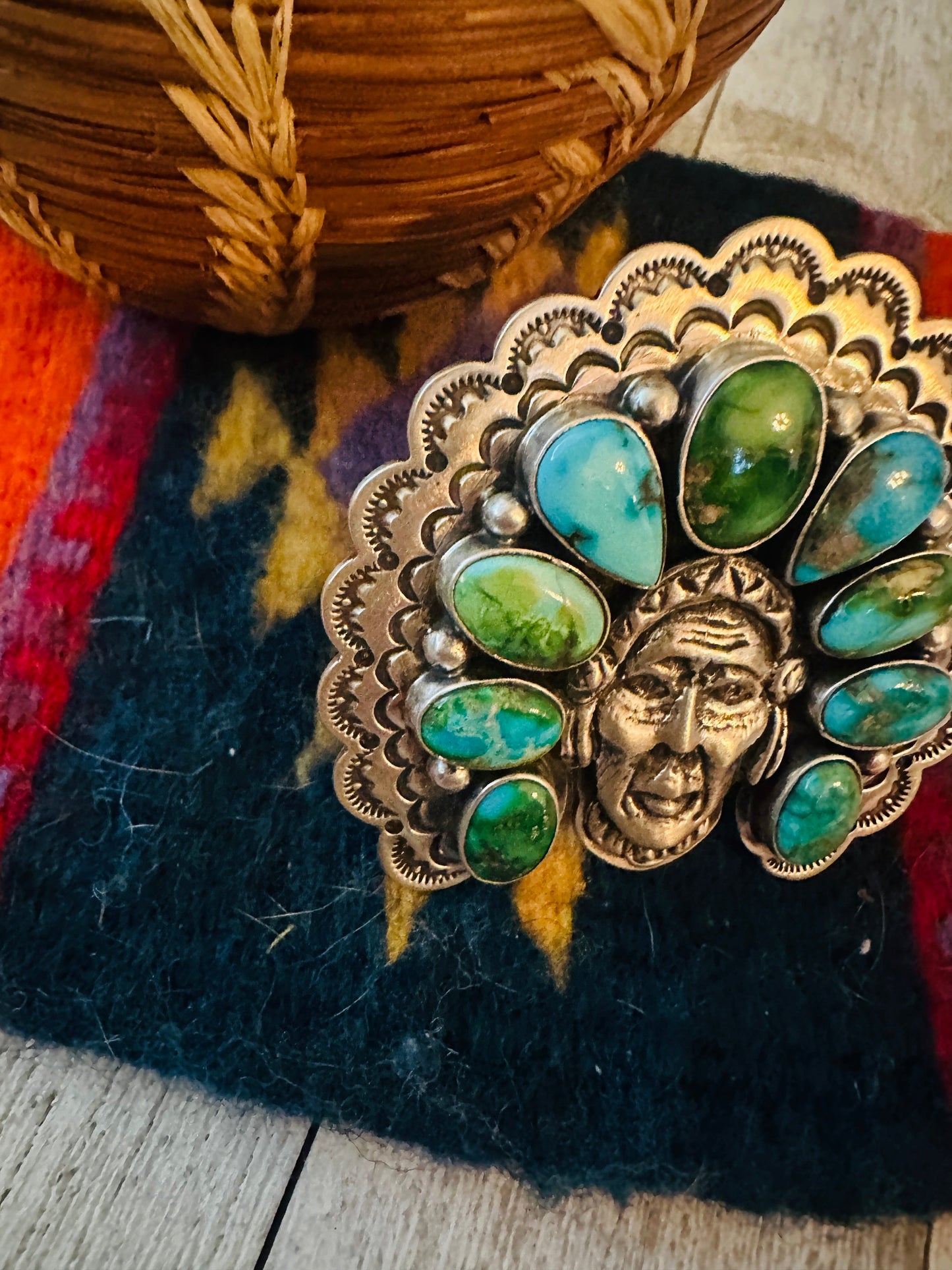 Handcrafted Sonoran Mountain Turquoise & Sterling Silver Indian Chief Adjustable Ring