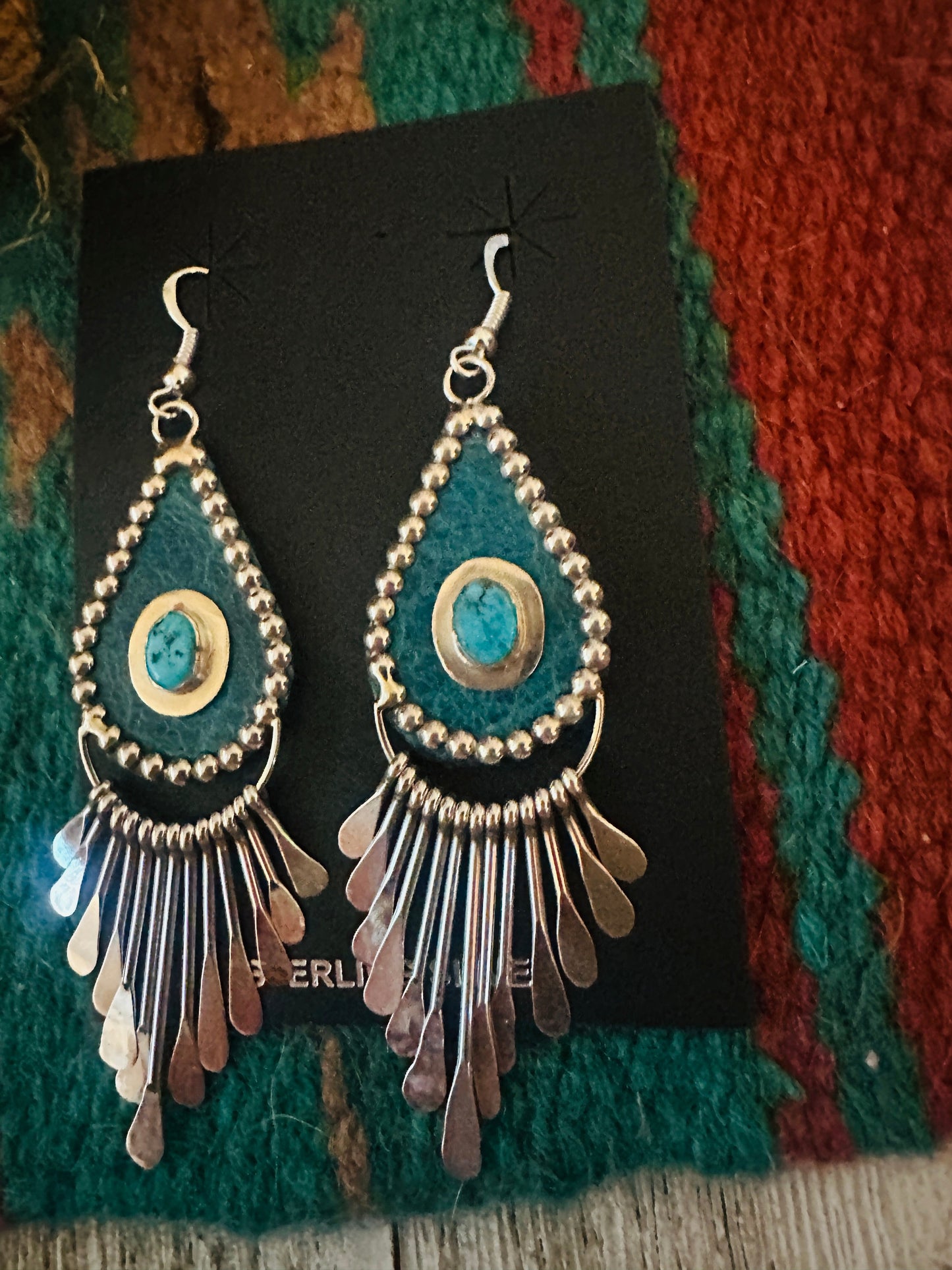 Handcrafted Turquoise & Sterling Silver Leather Chandelier Dangle Earrings