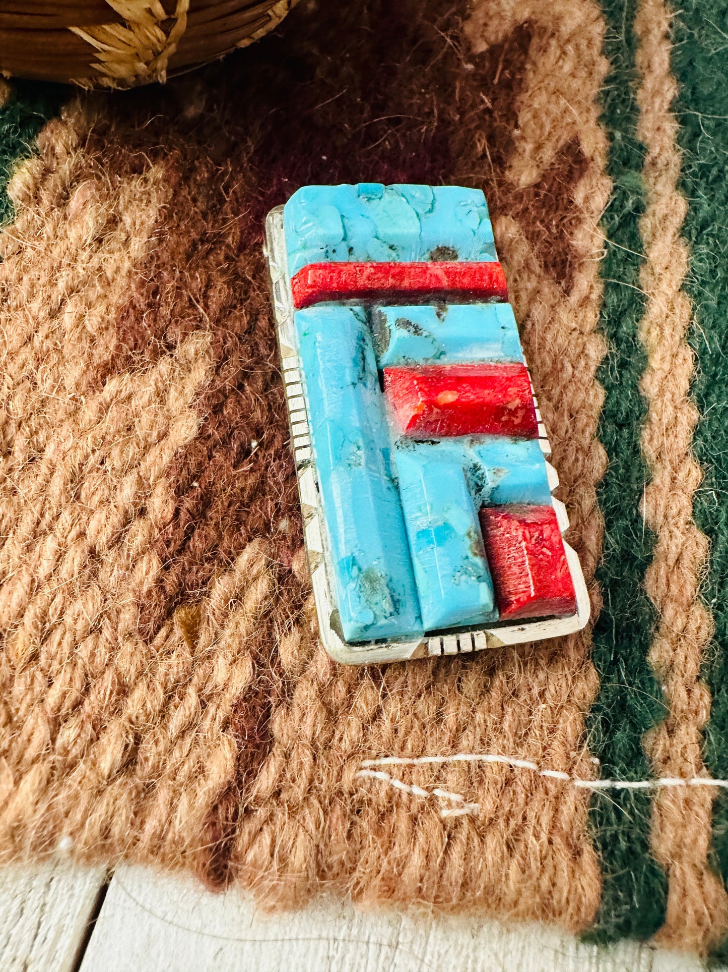 Turquoise, Coral & Sterling Silver Inlay Money Clip