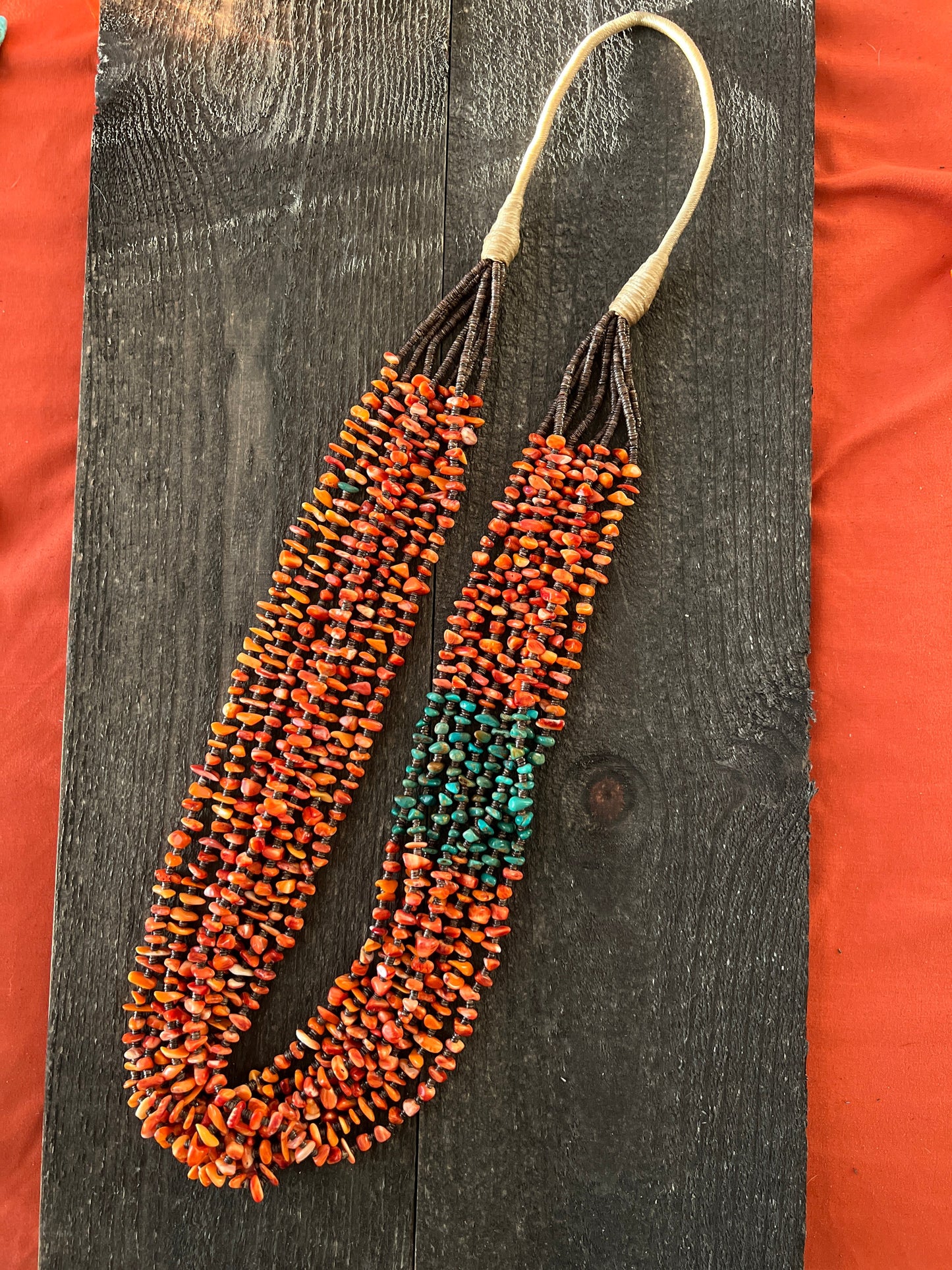 Gorgeous Handcrafted Made Eight Strand Spiny Oyster and Turquoise Beaded Squaw Wrap Necklace by Daniel Coriz