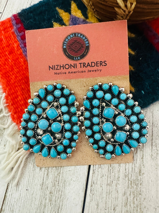 Handcrafted Sleeping Beauty Turquoise & Sterling Silver Cluster Post Earrings