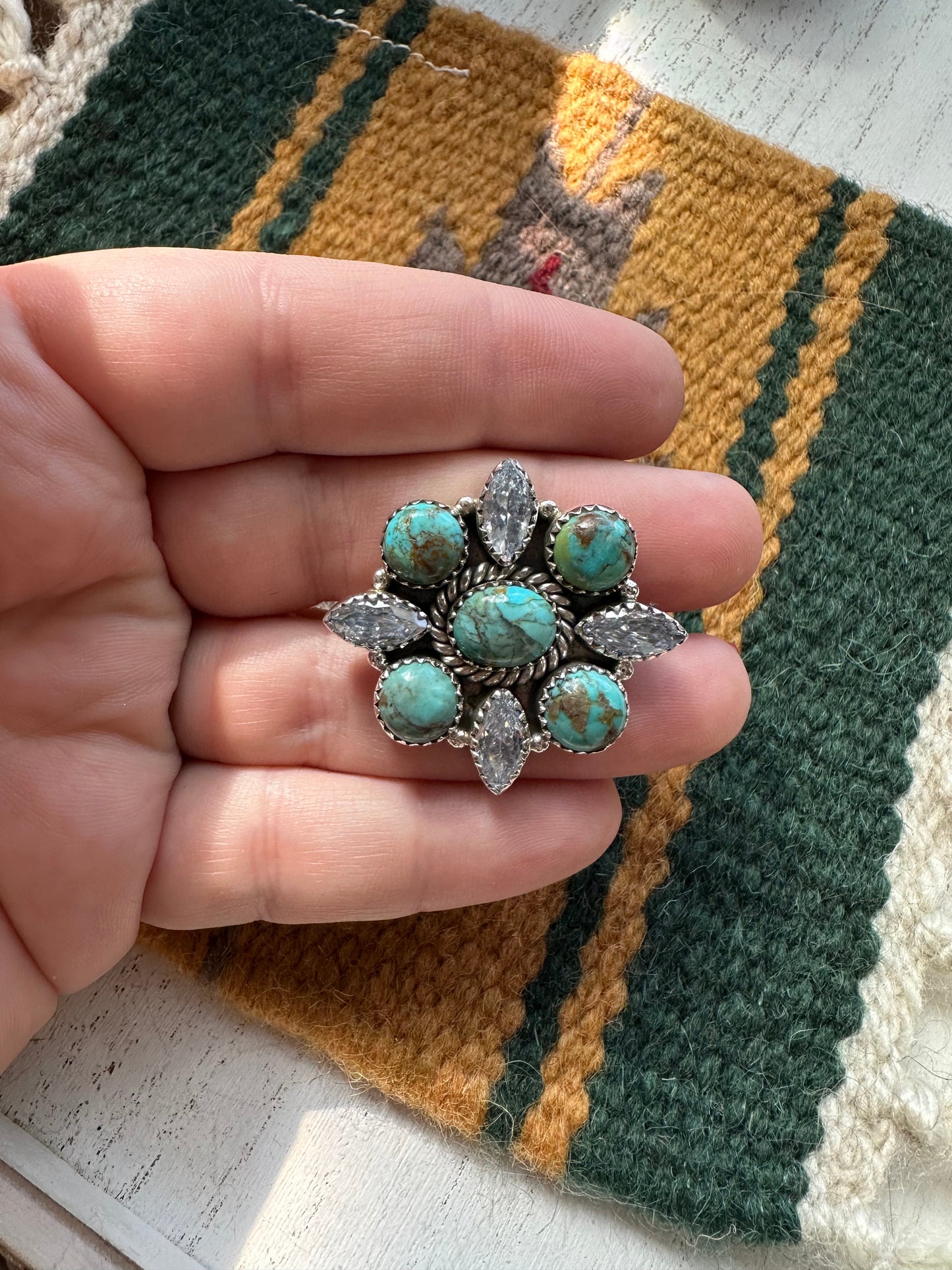 Nizhoni Handmade Adjustable Turquoise & Herkimer Diamond Sterling Silver Cluster Ring