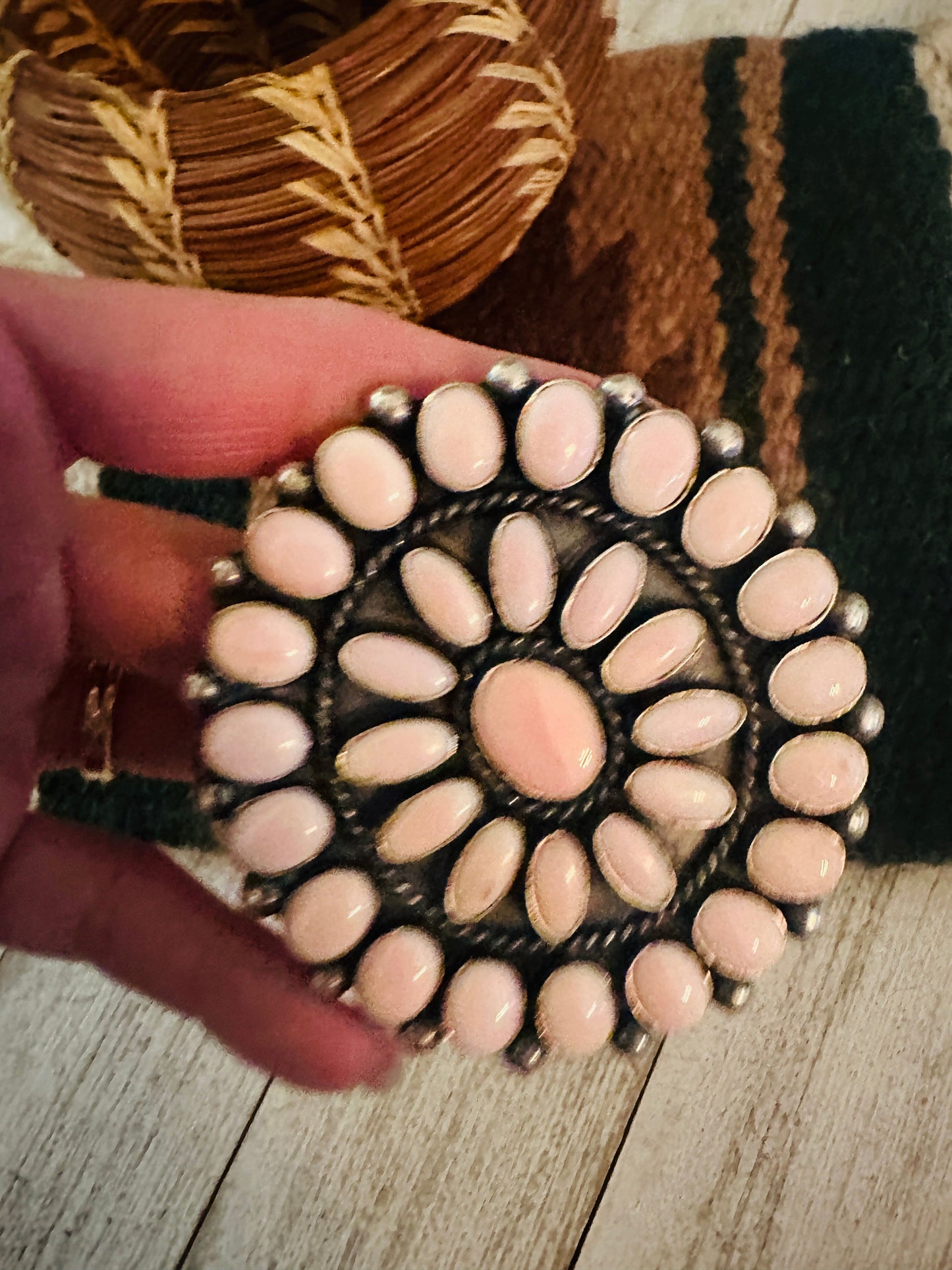 Handcrafted Queen Pink Conch Shell & Sterling Silver Cluster Cuff Bracelet