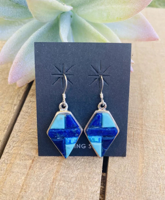 Handcrafted Sterling Silver & Multi Stone Inlay Dangle Earrings