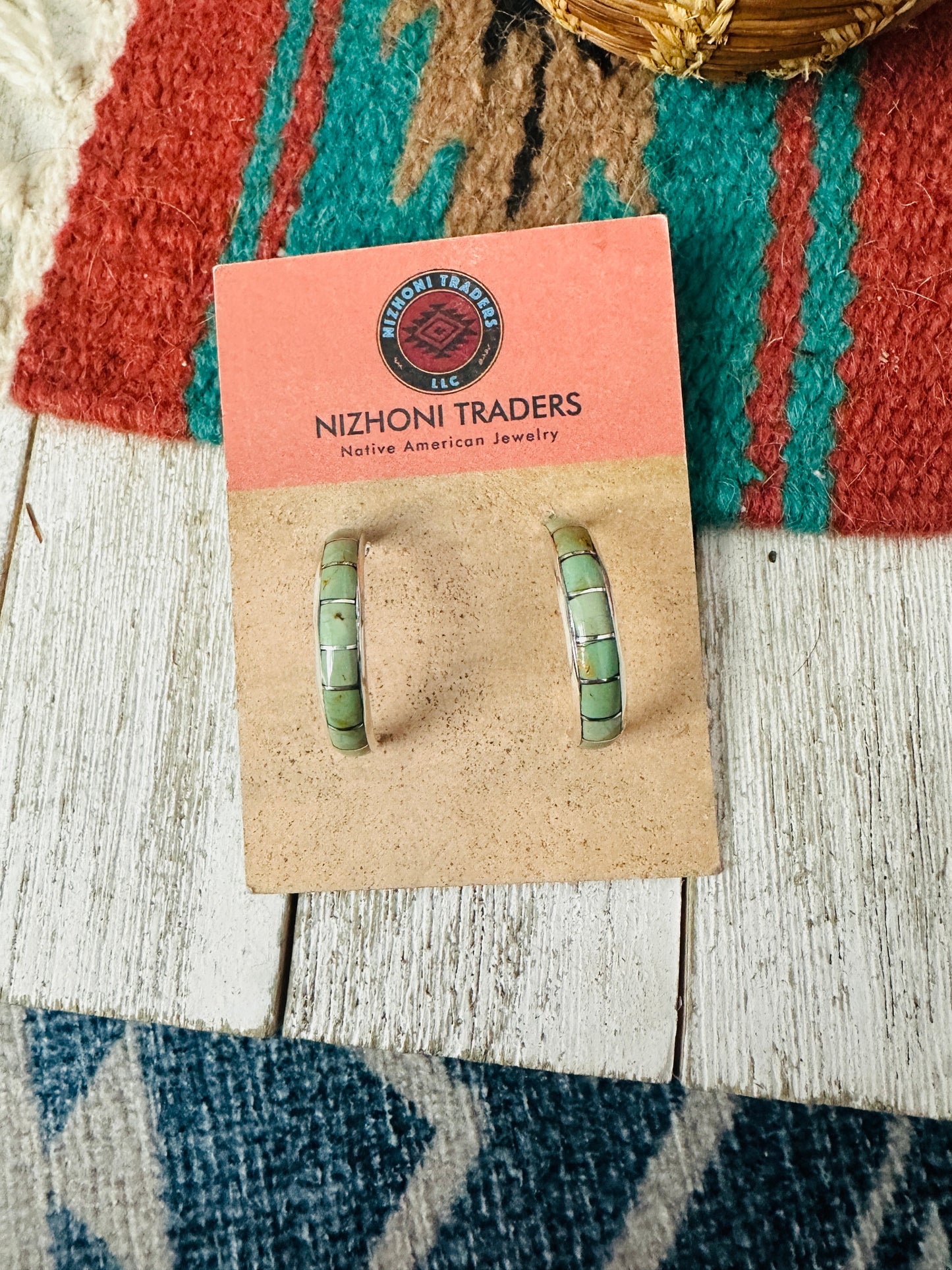 Handcrafted Turquoise & Sterling Silver Inlay Hoop Earrings