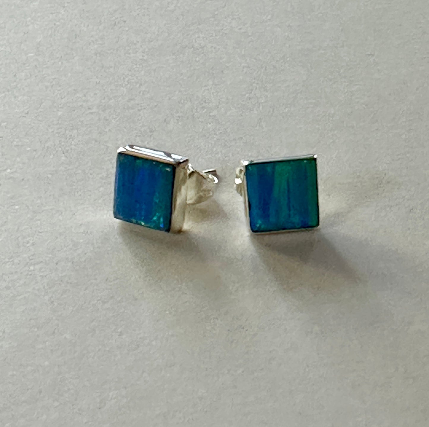 Square Light Blue Opal Sterling Silver Studs