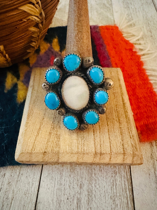 Handcrafted Sterling Silver, Turquoise & Mother of Pearl Cluster Ring Size 9.5