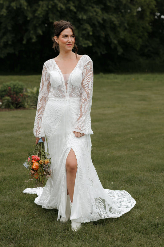 The Bonnie Gown – Western Boho Wedding Dress with Split Skirt, Fringe & Fringe Lines Bell Sleeves