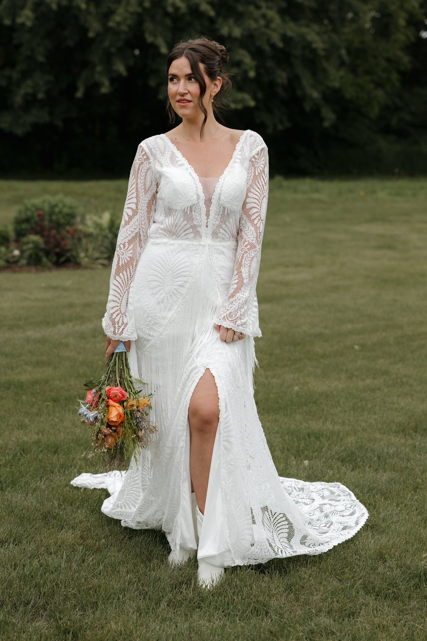 The Bonnie Gown – Western Boho Wedding Dress with Split Skirt, Fringe & Fringe Lines Bell Sleeves