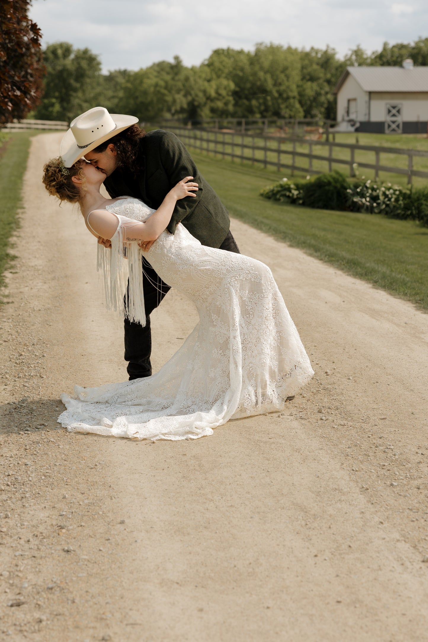 The Malorie Gown – Bold Boho Fit-and-Flare Wedding Dress with Fringe Back