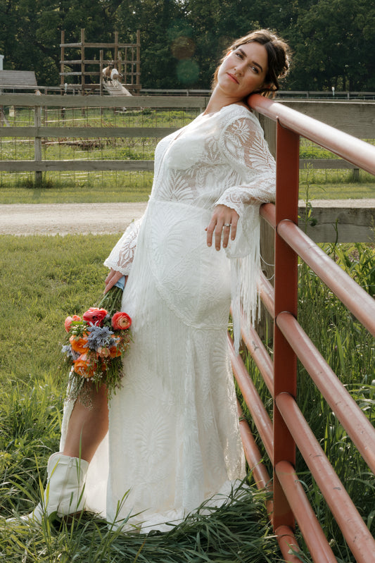 The Bonnie Gown – Western Boho Wedding Dress with Split Skirt, Fringe & Fringe Lines Bell Sleeves