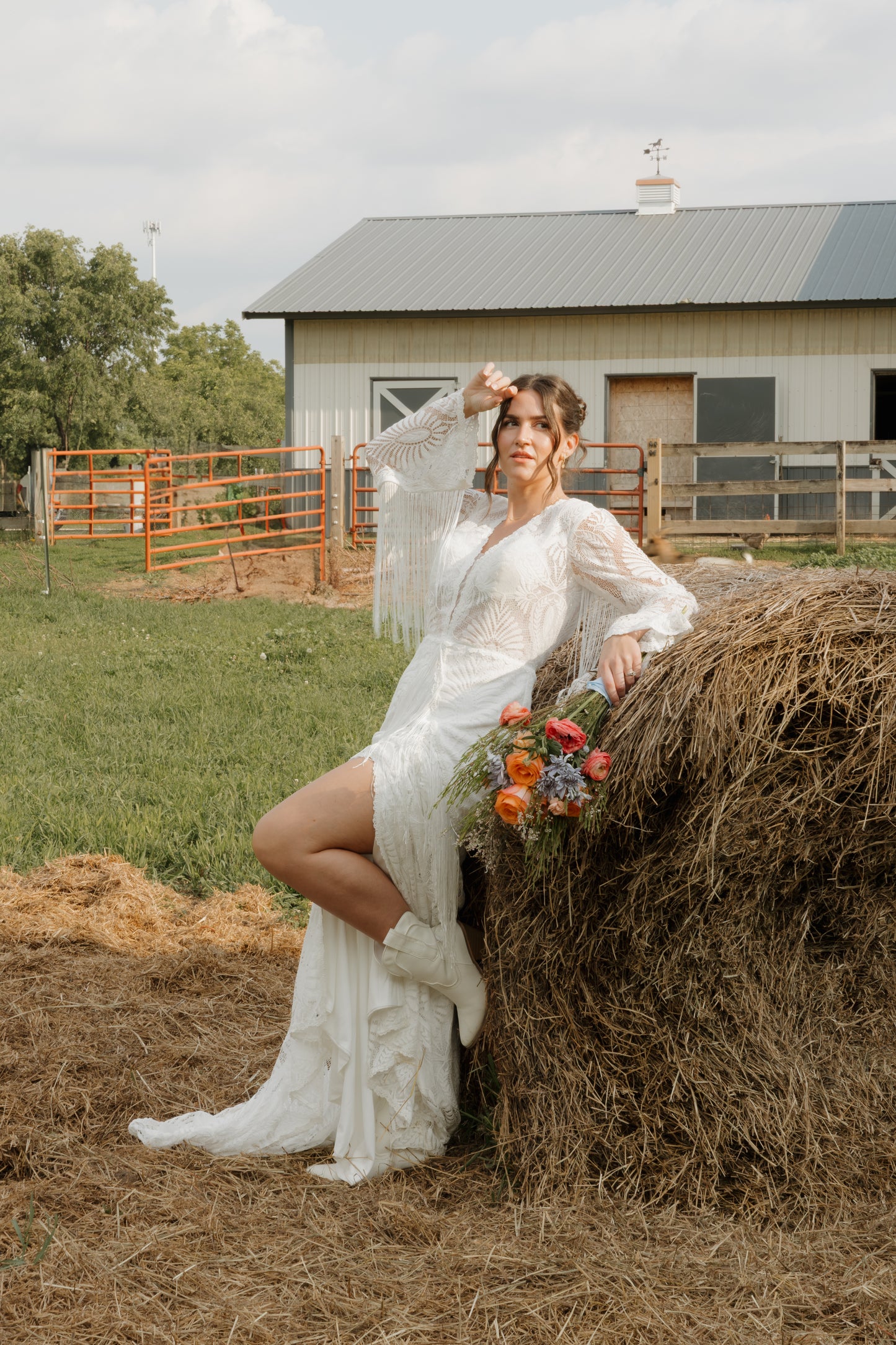 The Bonnie Gown – Western Boho Wedding Dress with Split Skirt, Fringe & Fringe Lines Bell Sleeves