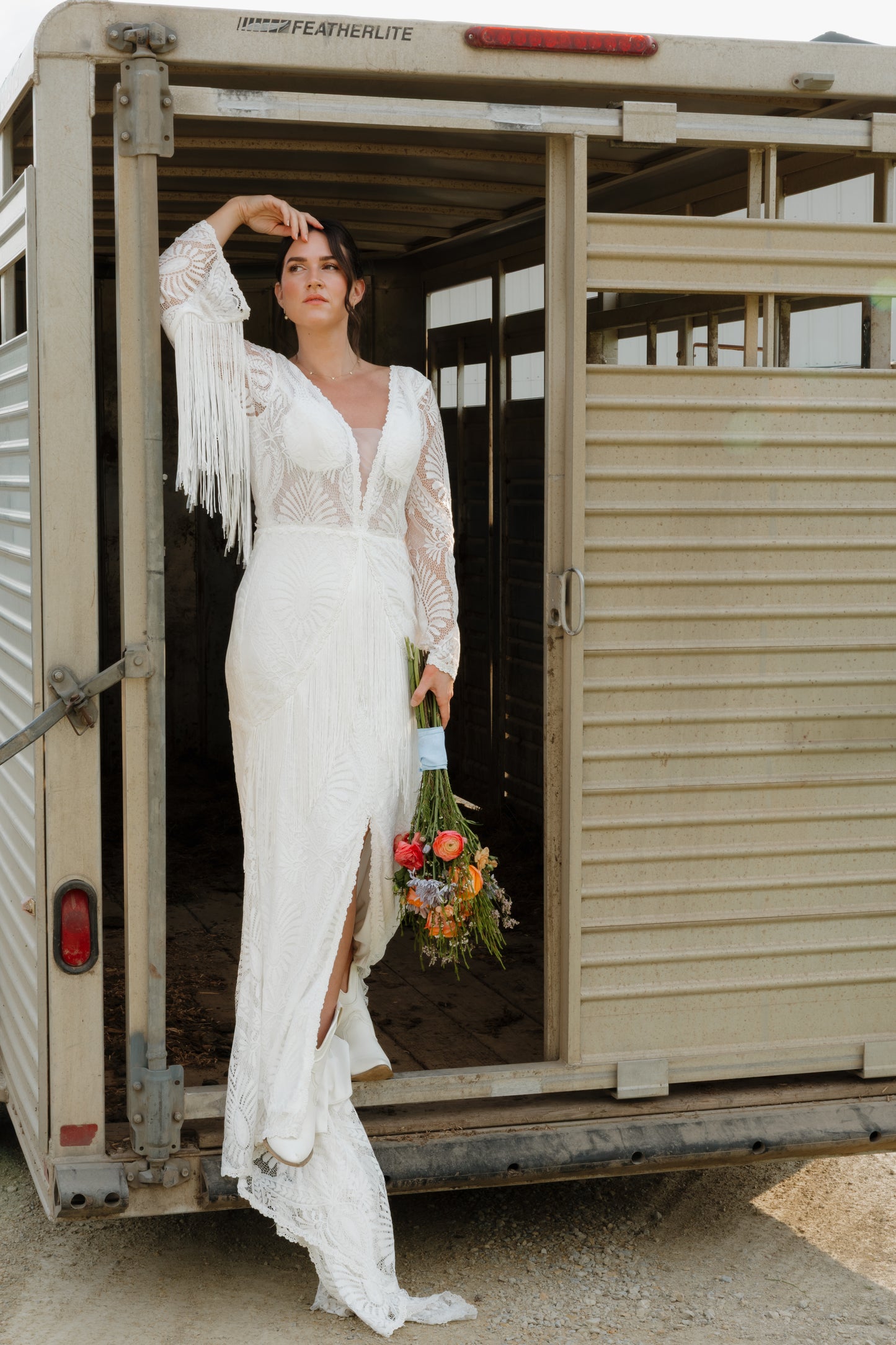 The Bonnie Gown – Western Boho Wedding Dress with Split Skirt, Fringe & Fringe Lines Bell Sleeves