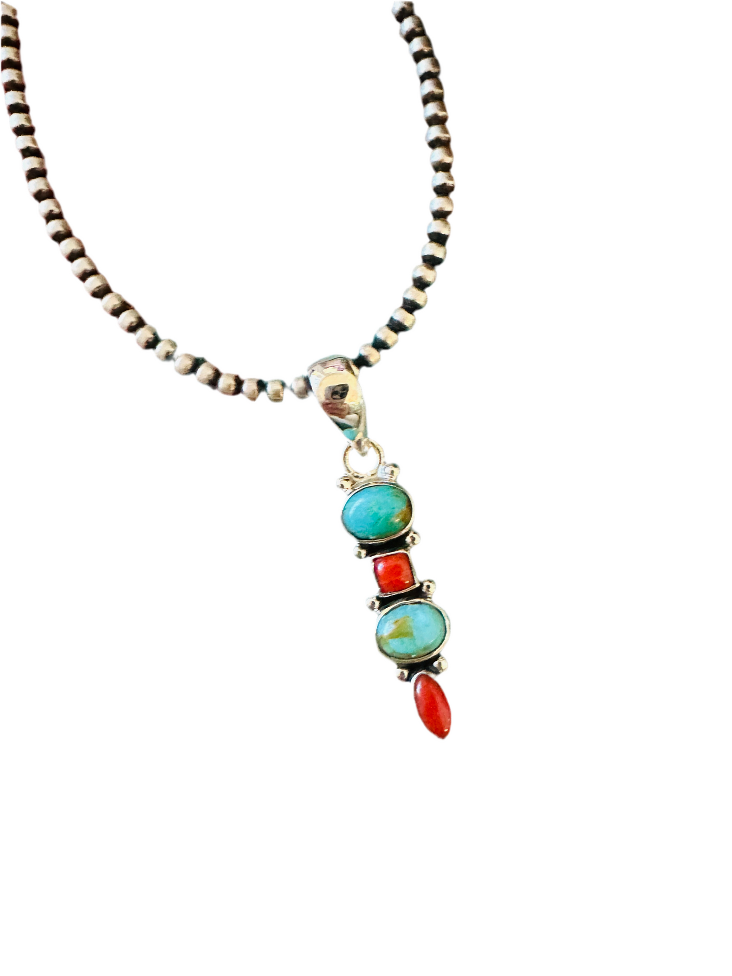** Christmas Collection ** Handmade Sterling Silver, Coral & Turquoise Pendant Signed Nizhoni