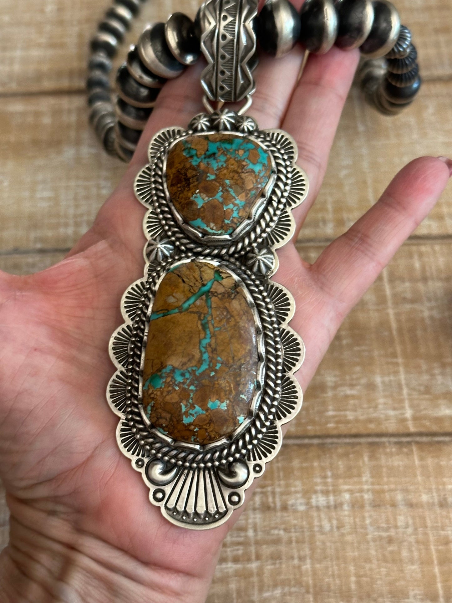 Charles Johnson Handcrafted Ribbon Turquoise & Sterling Silver Necklace, Bracelet and Ring  Set Signed