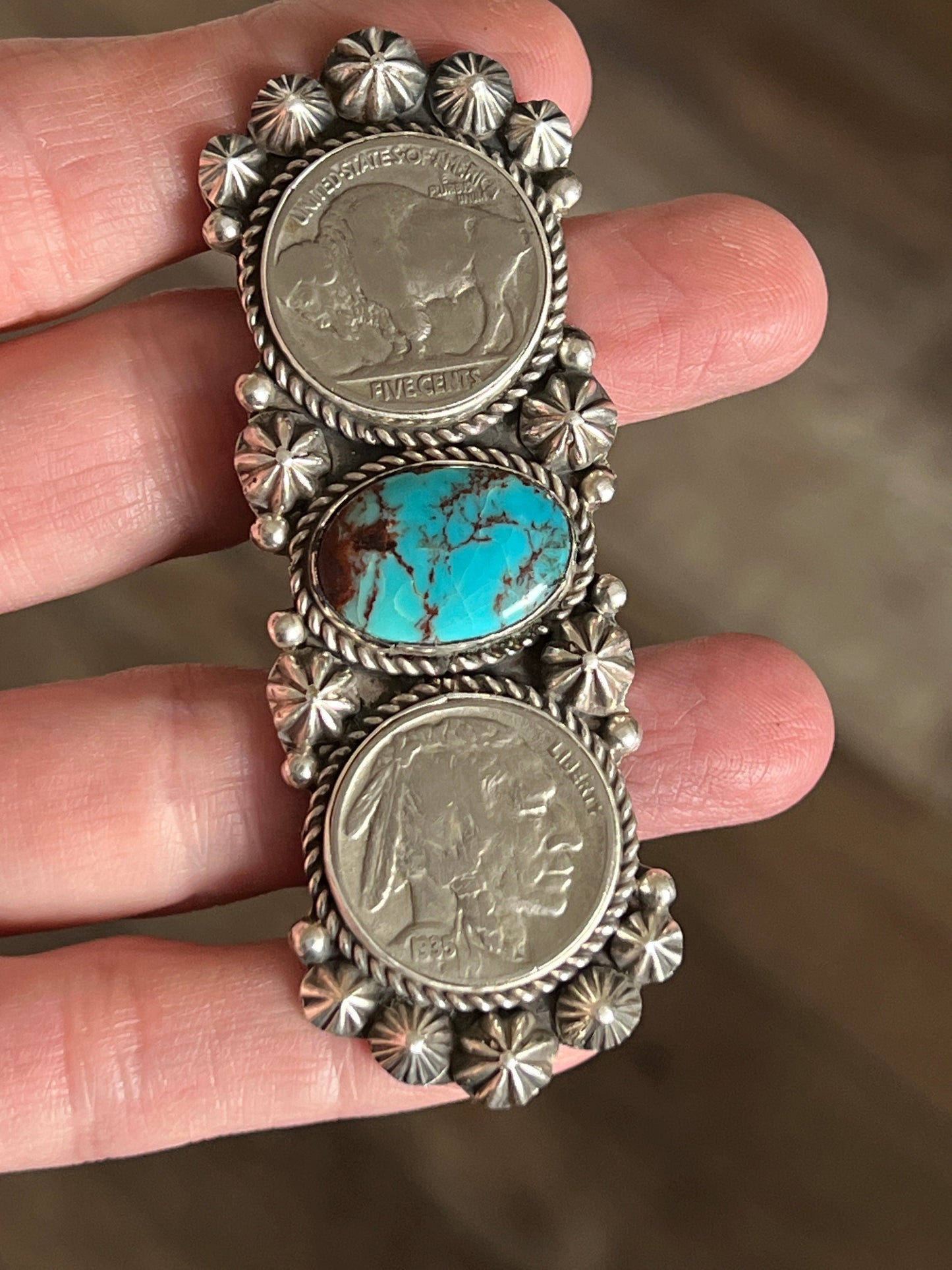 Apache Sterling Silver, Egyptian Turquoise and Indian Head Nickel Ring by Rosella Paxson: Size 8