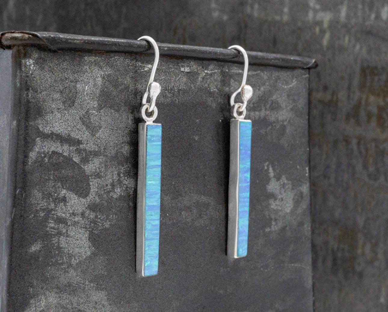 Blue Opal Column Sterling Silver Earrings