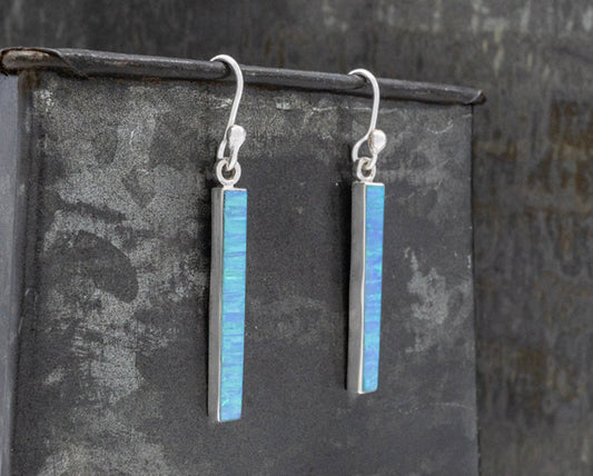 Blue Opal Column Sterling Silver Earrings