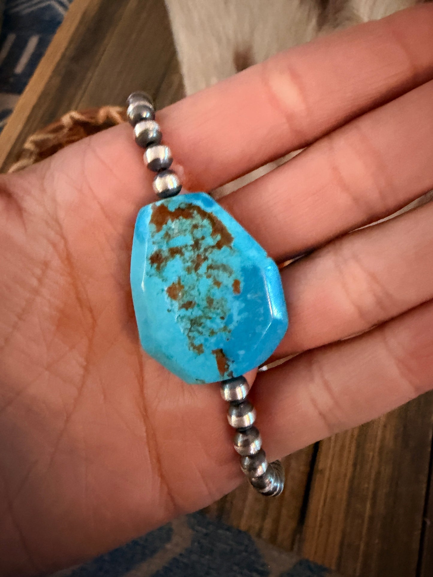 Handcrafted Kingman Turquoise & Sterling Silver Pearl 18” Beaded Necklace