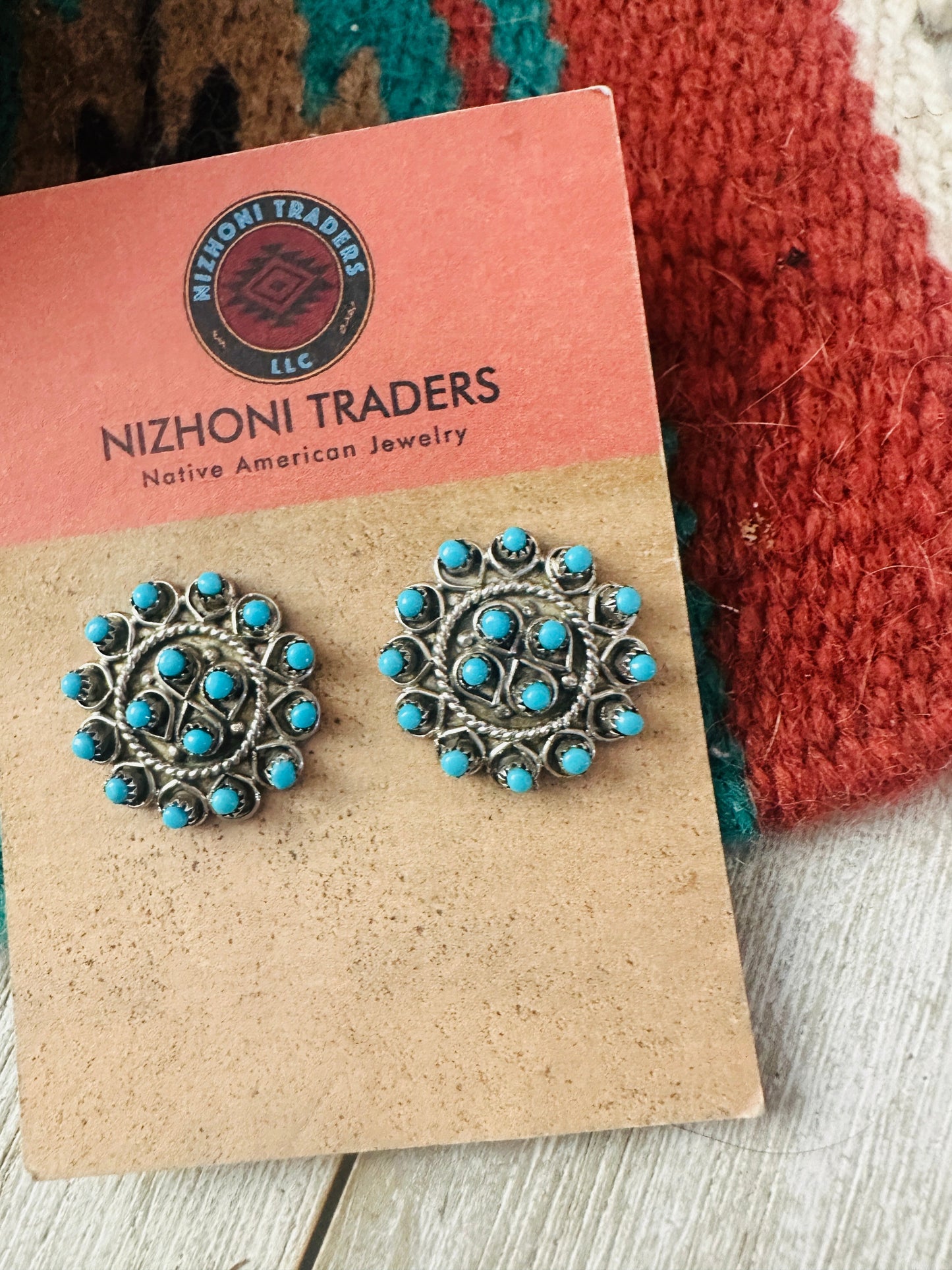 Handcrafted Turquoise & Sterling Silver Petit Point Post Earrings