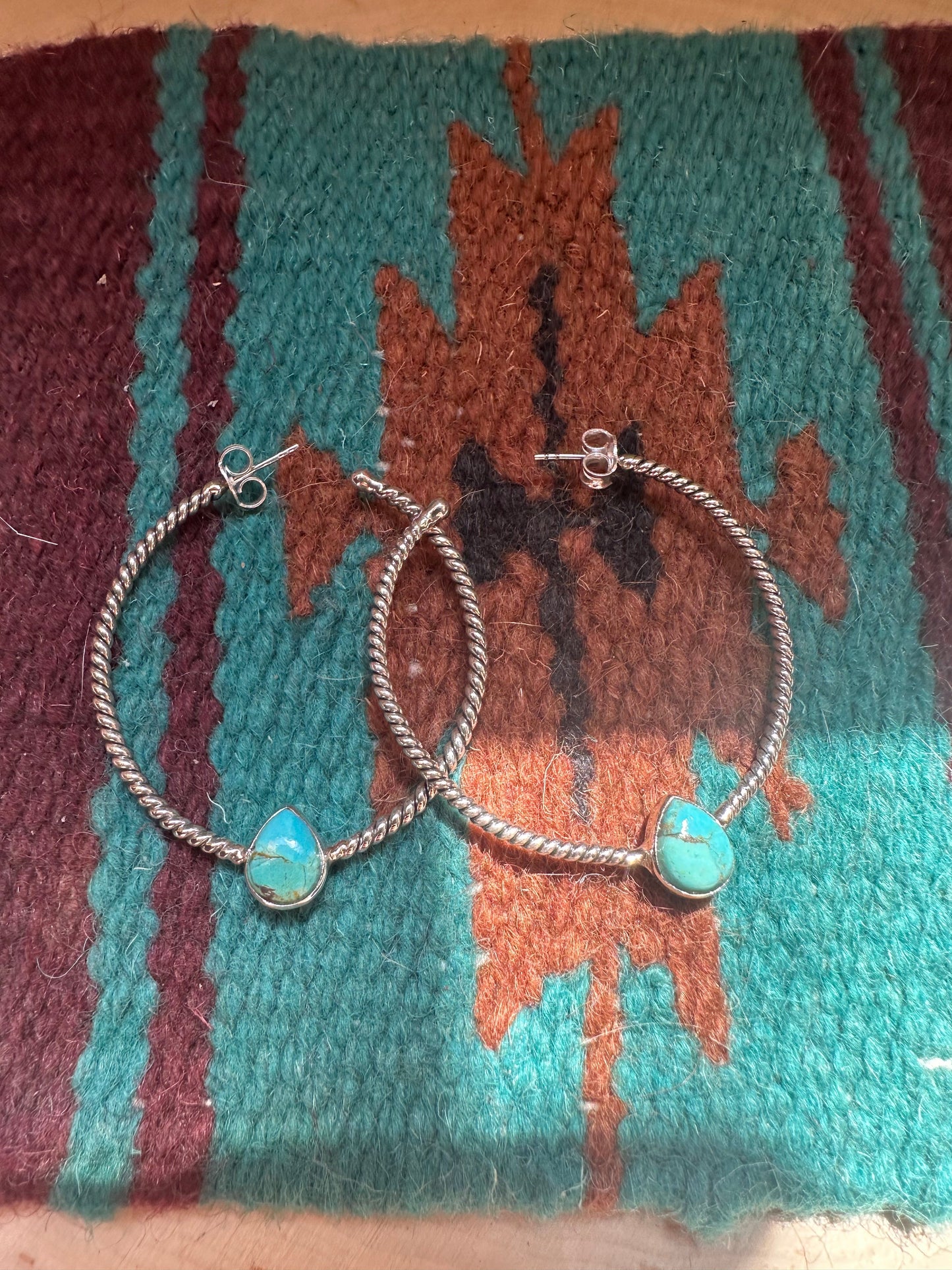 Handmade Turquoise & Sterling Silver Hoop Earrings Signed Nizhoni