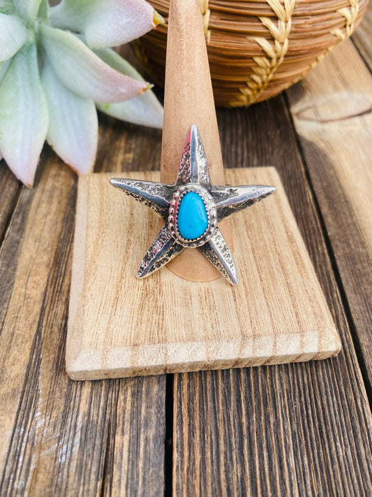Handcrafted Turquoise & Sterling Silver Star Ring Size 9.25 Signed