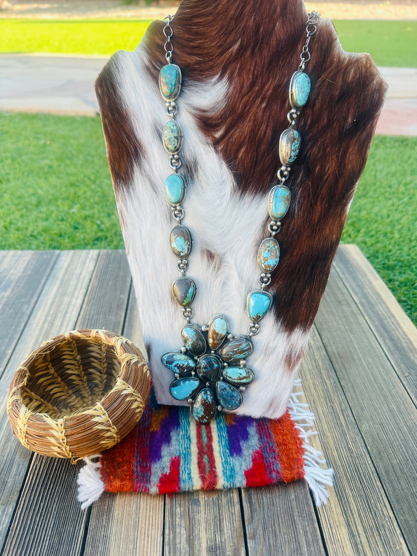 Handcrafted Royston Turquoise & Sterling Silver Cluster Necklace by Travis Jim