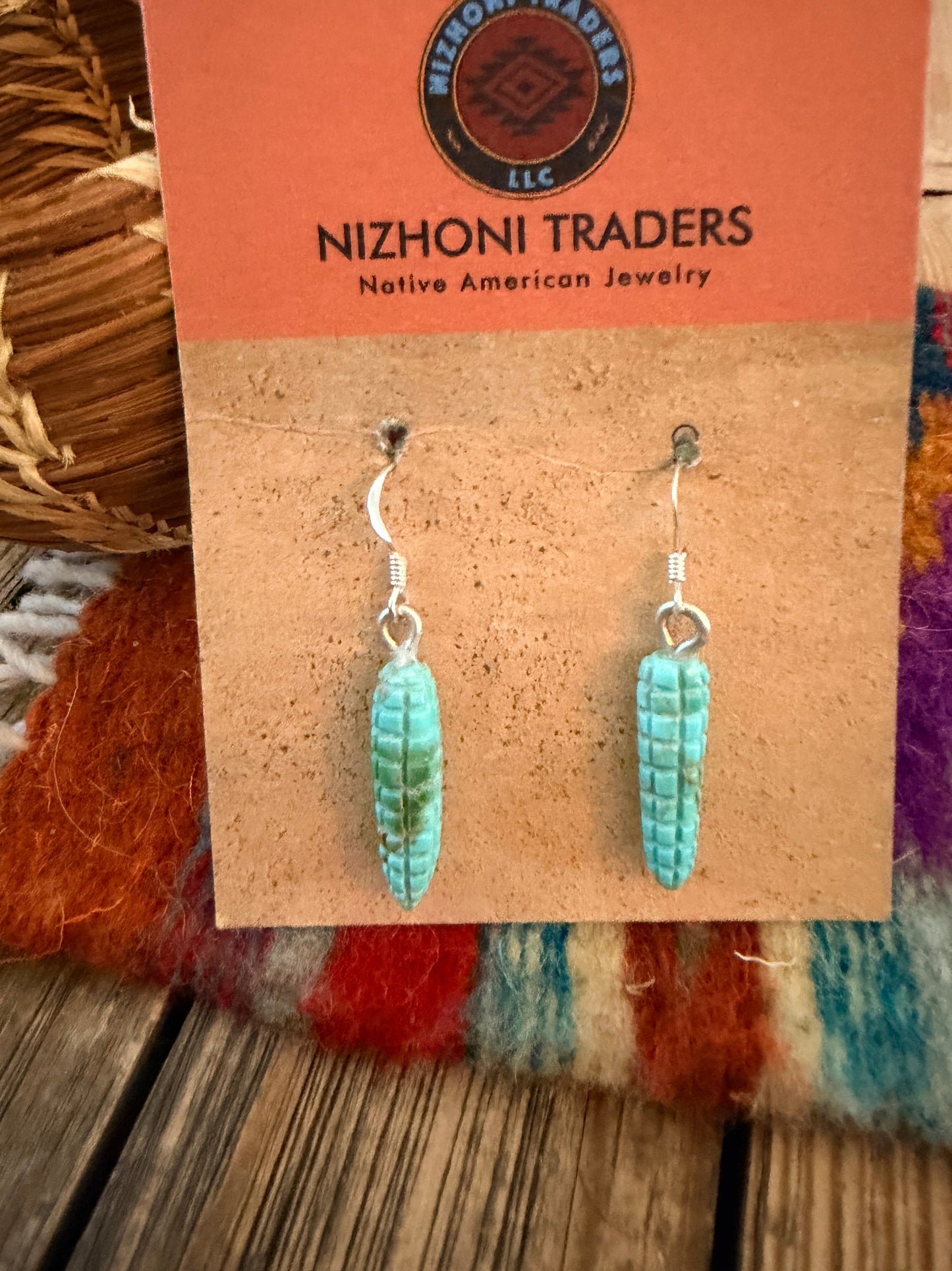 Hand Carved Turquoise Corn Dangle Earrings by Daniel Aguilar