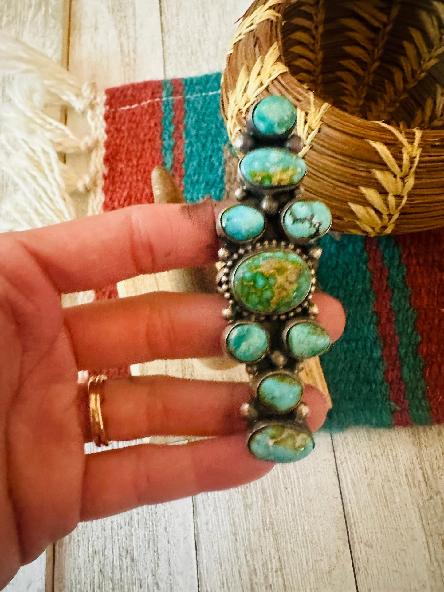 Handcrafted Sonoran Gold Turquoise & Sterling Silver Ring Size 9