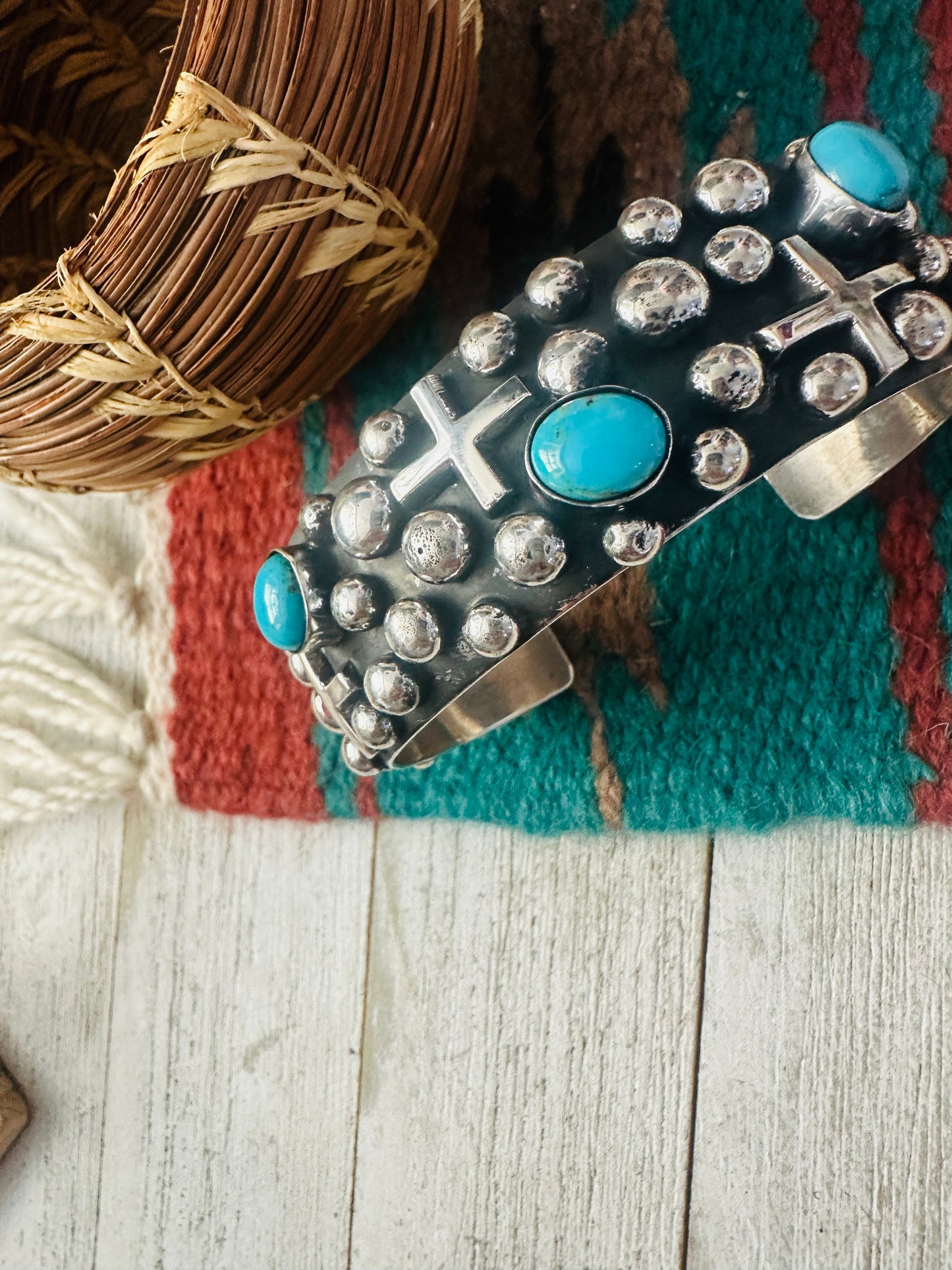 Navajo Turquoise & Sterling Silver Cross Cuff Bracelet By Chimney Butte