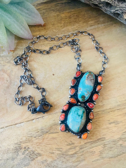Handcrafted Sterling Silver, Spiny & Royston Turquoise Cluster Necklace