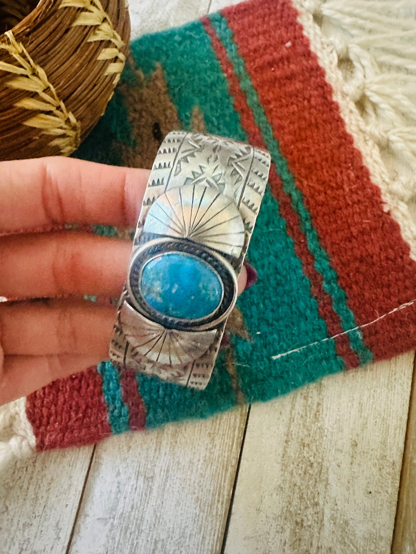 Handcrafted Hand Stamped Sterling Silver & Turquoise Cuff Bracelet