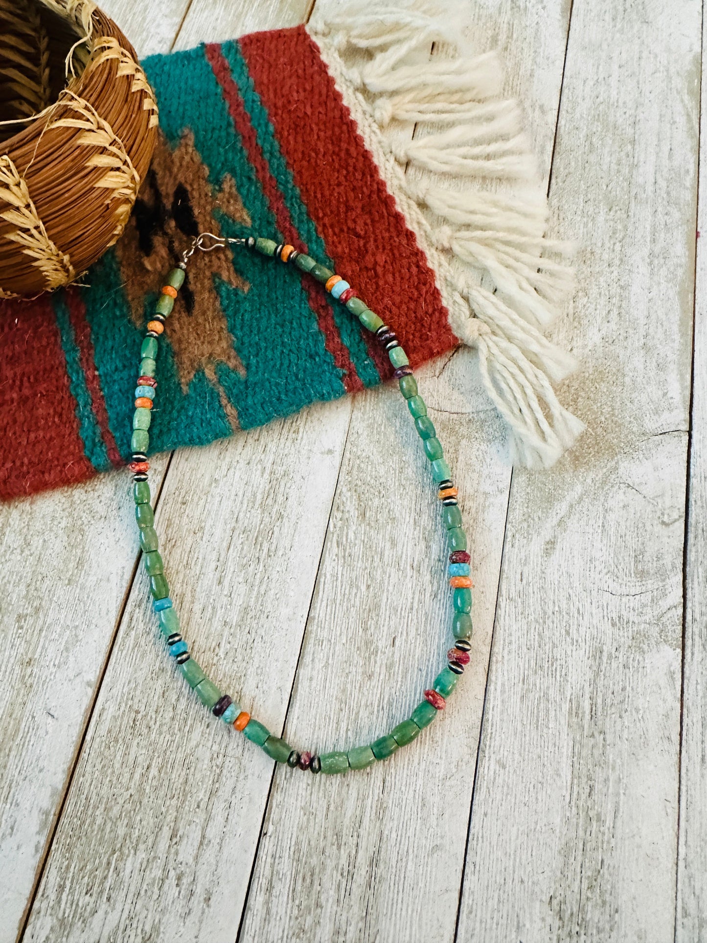 Handcrafted Turquoise, Spiny & Sterling Silver 16” Beaded Necklace