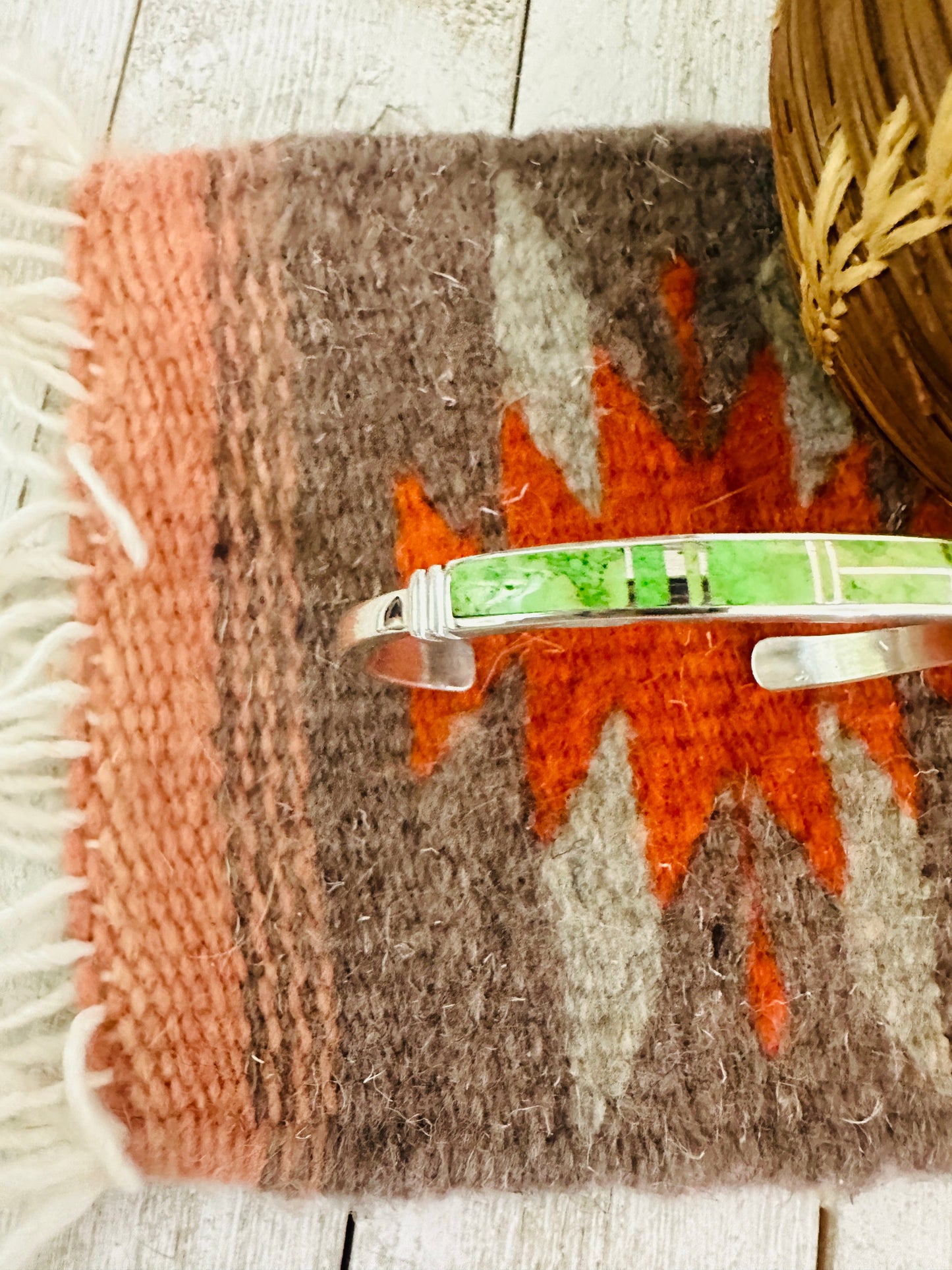 Handcrafted Gaspeite & Sterling Silver Inlay Cuff Bracelet
