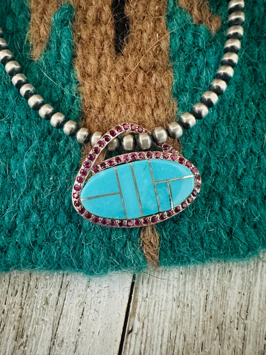 Handcrafted Turquoise, Garnet & Sterling Silver Inlay Pendant