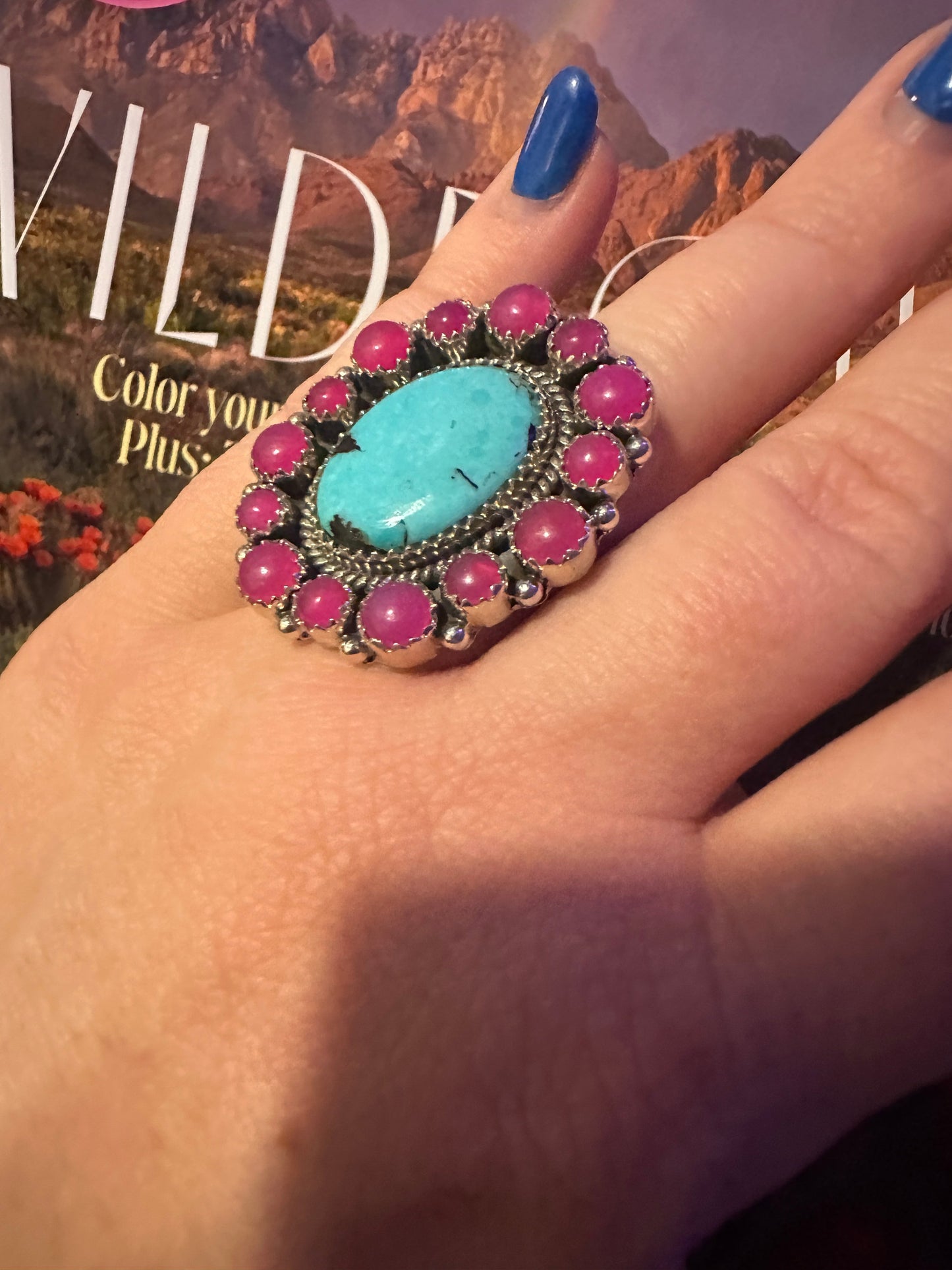 Handmade Sterling Silver Pink Opal, Turquoise Adjustable Ring Signed Nizhoni