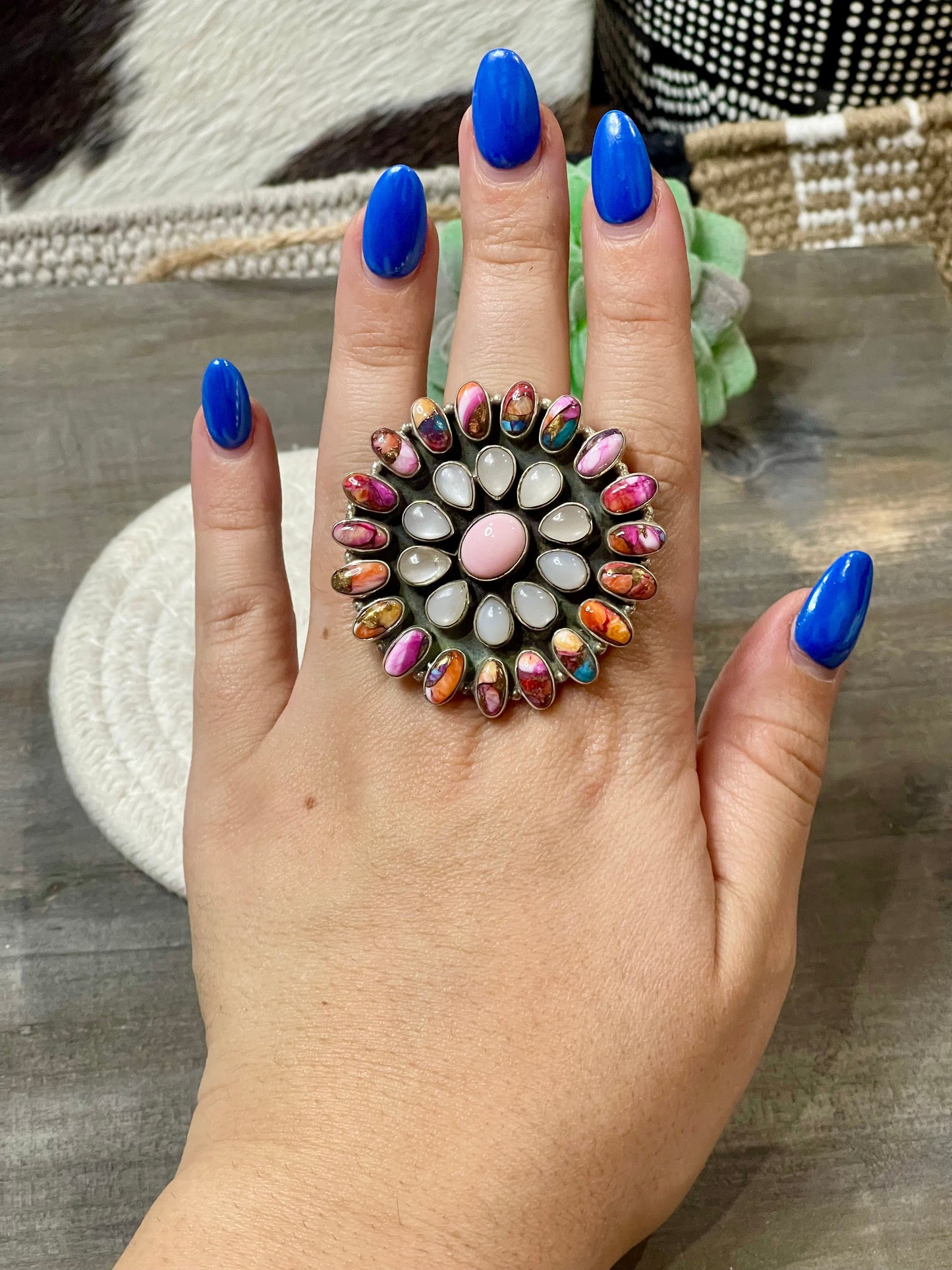 Handmade Multi Stone And Sterling Silver Cluster Adjustable Ring