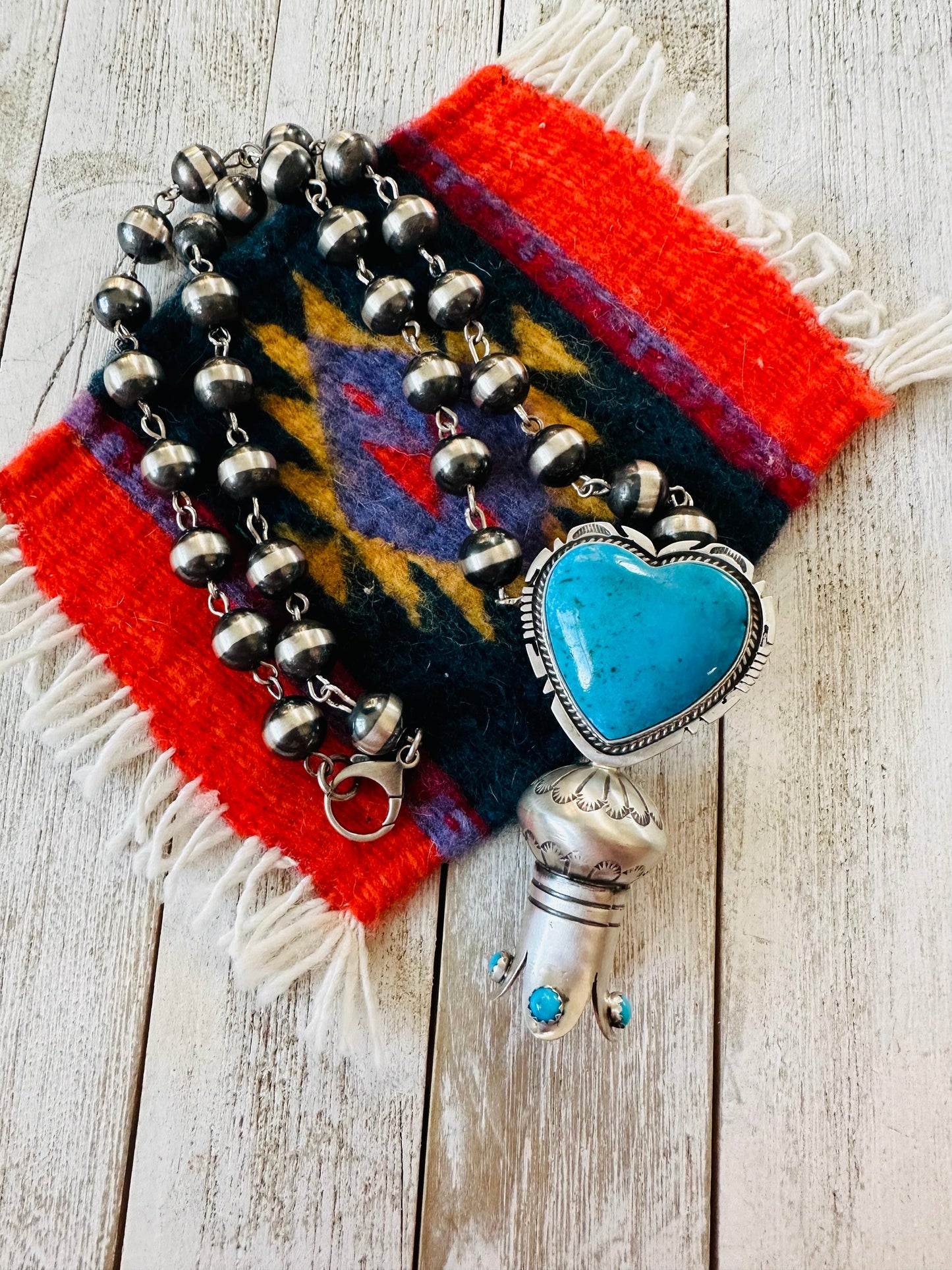 Handcrafted Sterling Silver & Turquoise Heart Blossom Beaded Necklace
