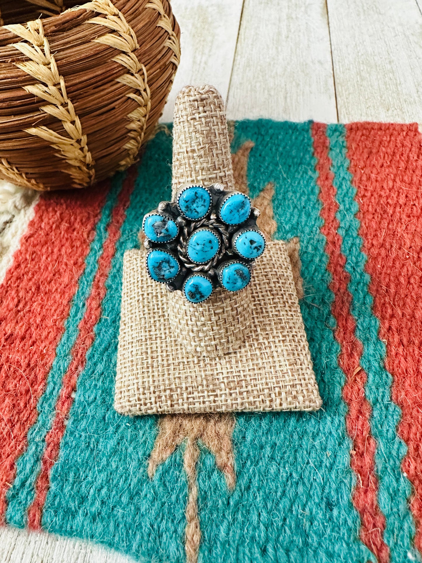 Handcrafted Turquoise & Sterling Silver Cluster Adjustable Ring