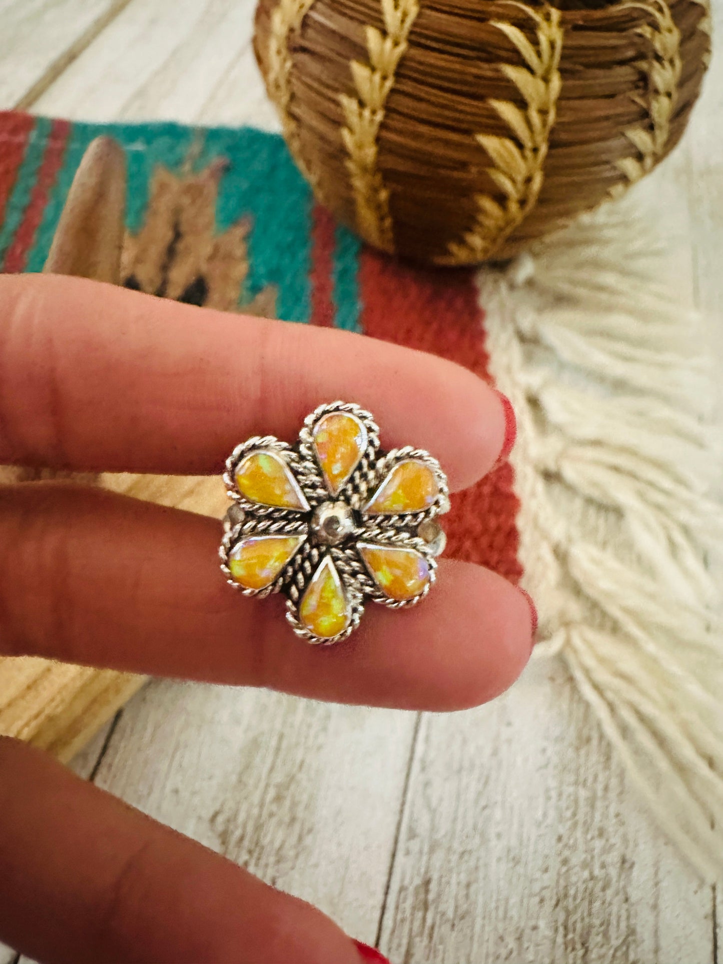 Handcrafted Sterling Silver & Yellow Opal Flower Ring Size 9