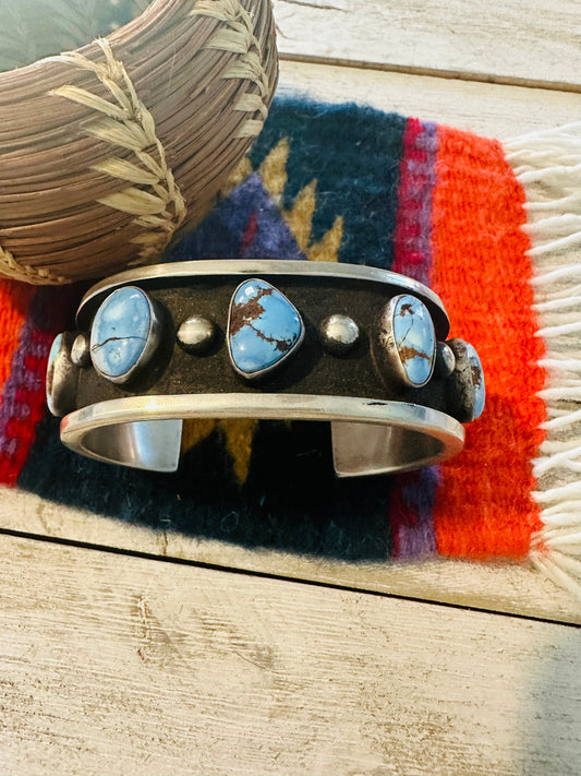 Handcrafted Golden Hills Turquoise & Sterling Silver Shadowbox Cuff Bracelet /