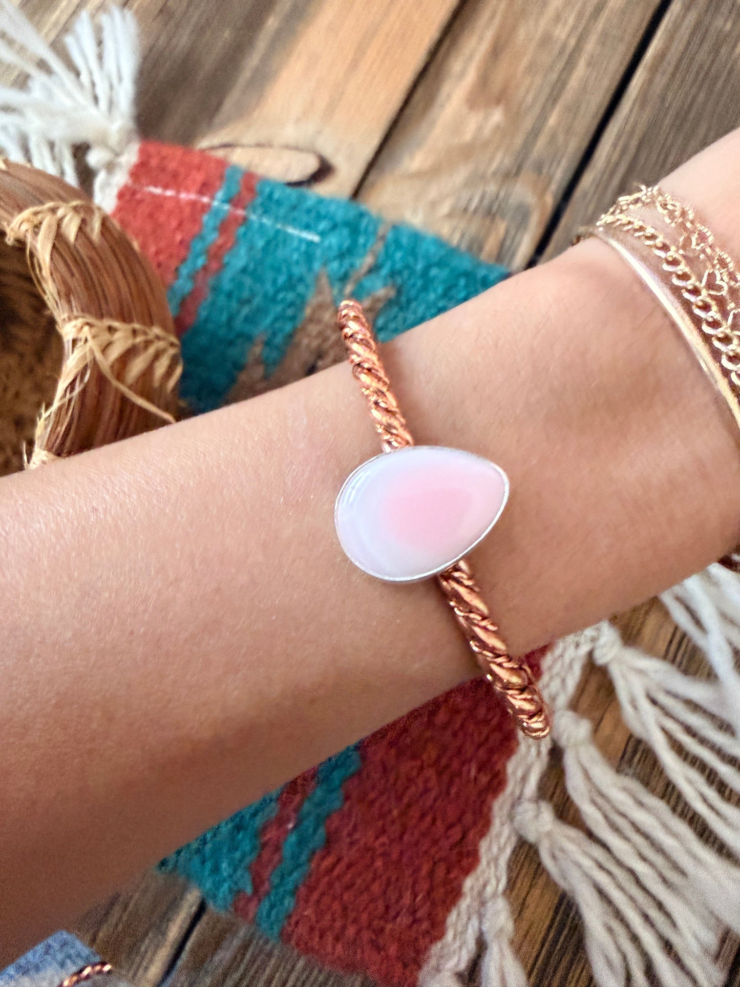 Handcrafted Queen Pink Conch & Copper Twisted Cuff Bracelet by Julia Etsitty