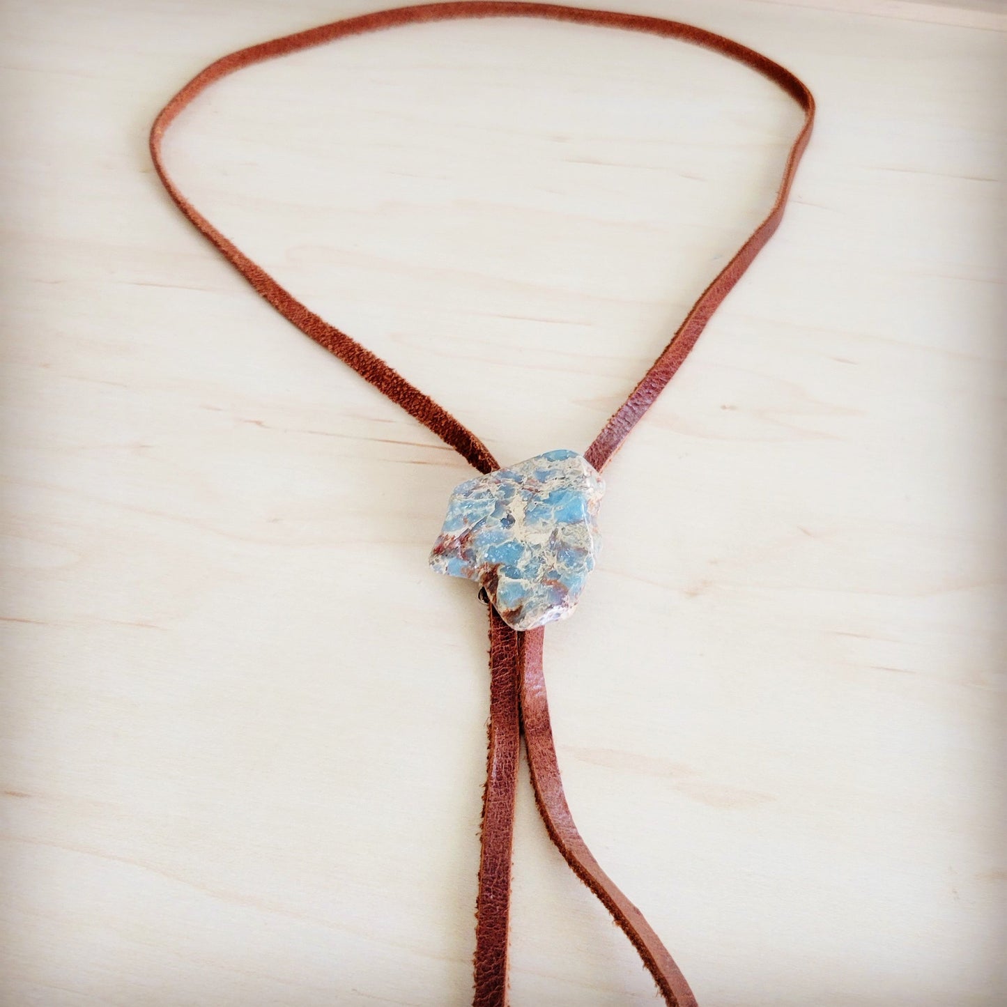 Leather Lariat Boho Necklace w/ Aqua Terra Slab Accent 264e