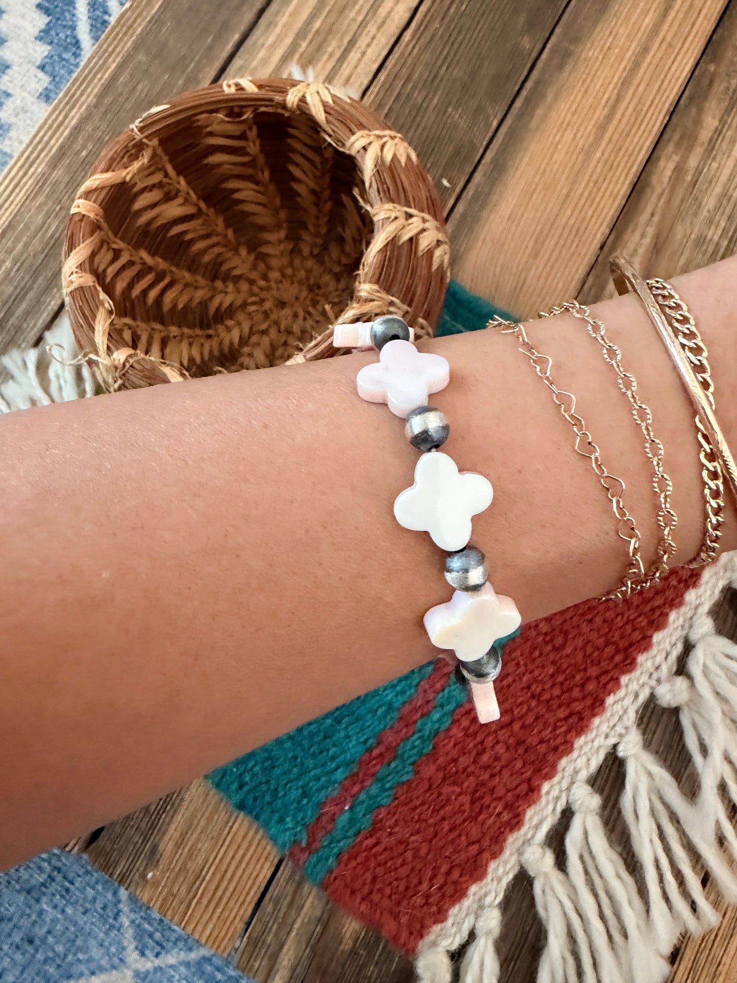 Handcrafted Queen Pink Conch & Sterling Silver Pearl Cross Beaded Stretch Bracelet