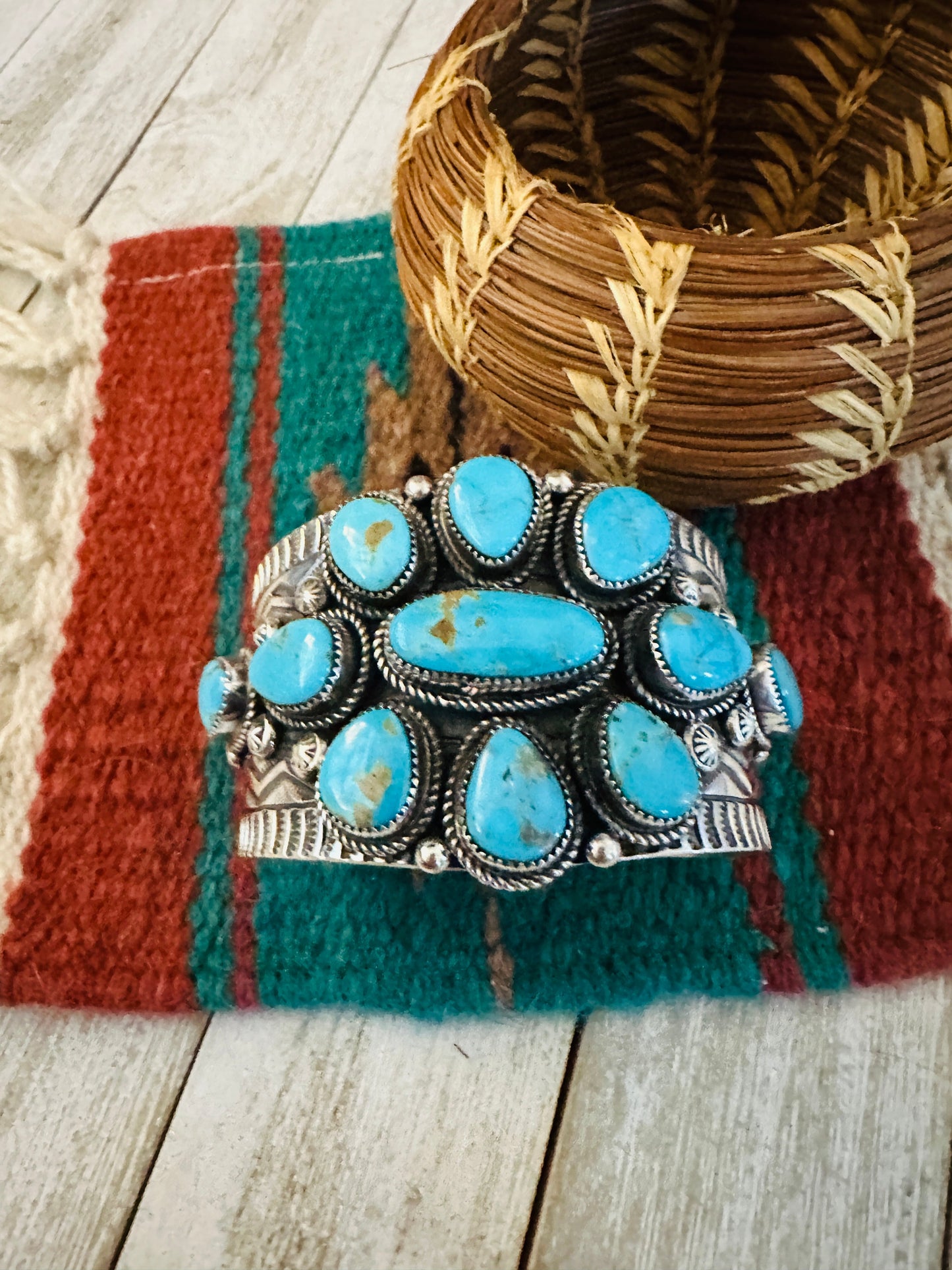 Kingman Turquoise & Sterling Silver Cluster Cuff Bracelet /