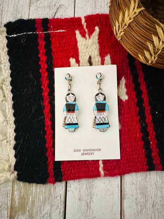 Handcrafted Multi Stone & Sterling Silver Inlay Maiden Girl Dangle Earrings